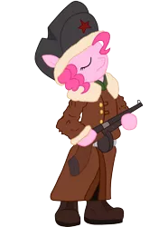 Size: 1440x1940 | Tagged: safe, artist:daerrick, derpibooru import, pinkie pie, pony, bipedal, clothes, communism, drum magazine, gun, hat, ppsh-41, solo, soviet, submachinegun, weapon