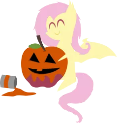 Size: 1880x1975 | Tagged: safe, artist:v0jelly, derpibooru import, fluttershy, bat pony, pony, apple, color, eyes closed, flutterbat, food, jack-o-lantern, paint, pointy ponies, simple background, sitting, smiling, solo, spooky flutterbat's countdown to halloween, transparent background