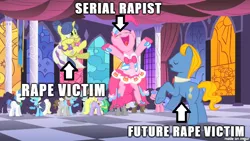 Size: 610x343 | Tagged: semi-grimdark, suggestive, derpibooru import, edit, edited screencap, screencap, lyrica lilac, perfect pace, pinkie pie, royal ribbon, earth pony, pony, unicorn, the best night ever, butt, caption, clothes, female, image macro, implied rape, implied sex, male, mare, meme, plot, shooting star, stallion