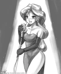 Size: 800x970 | Tagged: suggestive, artist:johnjoseco, derpibooru import, sunset shimmer, human, equestria girls, beautiful, bedroom eyes, blushing, breasts, cleavage, clothes, cocktail dress, dress, evening gloves, female, gloves, grayscale, humanized, jessica rabbit, jessica rabbit dress, monochrome, open mouth, sexy, side slit, singing, sketch, smiling, solo, solo female, spotlight, stupid sexy sunset shimmer