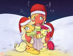 Size: 1650x1275 | Tagged: safe, artist:alasou, deleted from derpibooru, derpibooru import, apple bloom, applejack, big macintosh, earth pony, pony, apple siblings, book, caroling, christmas, clothes, cold, cute, cutie mark, female, filly, hat, hug, looking at you, male, patreon, patreon logo, santa hat, scarf, singing, snow, stallion, the cmc's cutie marks