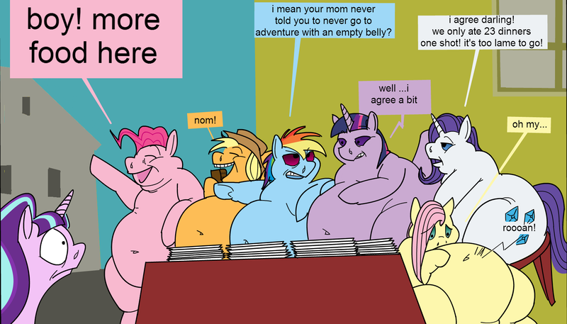 Size: 1703x973 | Tagged: questionable, artist:monterrang, derpibooru import, applejack, fluttershy, pinkie pie, rainbow dash, rarity, starlight glimmer, twilight sparkle, twilight sparkle (alicorn), applefat, belly button, big belly, comic, eating, fat, fattershy, lazy, mane six, morbidly obese, obese, piggy pie, plates, pudgy pie, rainblob dash, raritubby, stomach noise, stuffed, text, twilard sparkle, weight gain