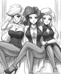 Size: 1000x1212 | Tagged: applejack, artist:johnjoseco, bedroom eyes, blushing, boob window, breasts, busty applejack, busty rarity, busty trixie, cleavage, clothes, crossed legs, derpibooru import, dress, earring, female, females only, freckles, grayscale, grin, high heels, human, humanized, jewelry, legs, looking at you, monochrome, necklace, pantyhose, piercing, rarity, sexy, sketch, smiling, stupid sexy applejack, stupid sexy rarity, stupid sexy trixie, suggestive, trixie