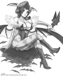 Size: 1000x1212 | Tagged: artist:johnjoseco, breasts, busty rarity, cleavage, clothes, cosplay, costume, crossed legs, darkstalkers, derpibooru import, female, grayscale, high heel boots, high heels, human, humanized, monochrome, morrigan aensland, rarity, sketch, solo, solo female, suggestive