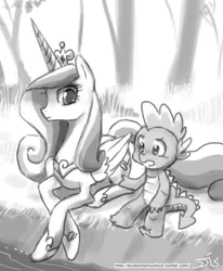 Size: 800x970 | Tagged: alicorn, artist:johnjoseco, derpibooru import, dragon, duo, female, grayscale, male, mare, monochrome, princess cadance, prone, safe, sketch, spike