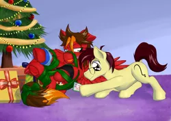 Size: 1062x751 | Tagged: suggestive, artist:h-stallionwolf, derpibooru import, oc, oc:ambiguity, oc:marker pace, unofficial characters only, bondage, christmas, christmas tree, cute, present, tree, underhoof, wrapped up