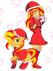 Size: 1200x1600 | Tagged: safe, artist:ng, derpibooru import, sunset shimmer, pony, unicorn, equestria girls, boots, christmas, cloak, clothes, dress, gloves, hat, hoof boots, human ponidox, pixiv, present, raised hoof, santa hat, sunset santa