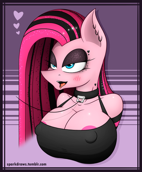 Size: 700x849 | Tagged: questionable, alternate version, artist:sparkdraws, derpibooru import, pinkie pie, anthro, bedroom eyes, big breasts, blushing, breasts, bust, busty pinkie pie, clothes, collar, ear piercing, erect nipples, female, leash, nipple slip, nipples, nudity, piercing, pinkamena diane pie, punkamena, solo, solo female, tanktop, tongue out, tongue piercing