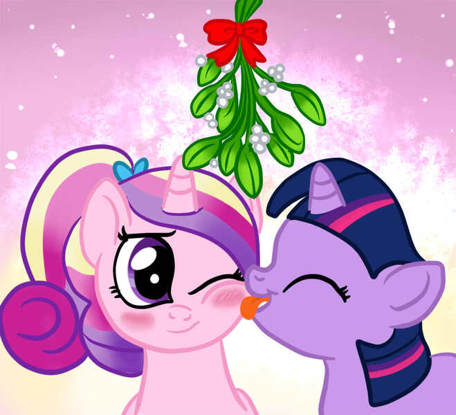 Size: 1200x1092 | Tagged: safe, artist:kuromi, derpibooru import, princess cadance, twilight sparkle, blushing, filly, licking, mistletoe, teen princess cadance, tongue out, younger