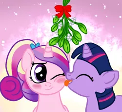 Size: 1200x1092 | Tagged: safe, artist:kuromi, derpibooru import, princess cadance, twilight sparkle, blushing, filly, licking, mistletoe, teen princess cadance, tongue out, younger