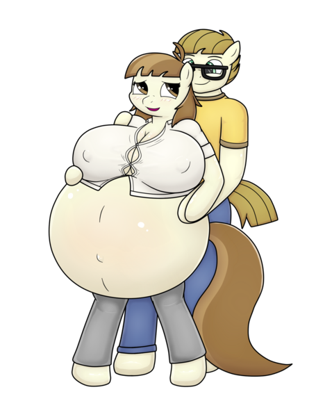 Size: 1337x1765 | Tagged: anthro, arm hooves, artist:funble, belly, blushing, derpibooru import, featherweight, female, hug, hyper, hyper pregnancy, impossibly large belly, male, older, pregnant, questionable, rule 63, straight, unguligrade anthro, wingless, wingless anthro, zippoorweight, zippoorwhill
