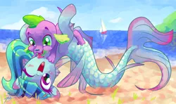 Size: 1920x1136 | Tagged: safe, artist:halem1991, derpibooru import, sonata dusk, spike, dog, half-siren, mermaid, merpony, equestria girls, backbend, blushing, cute, duo, face licking, female, happy, hug, licking, male, mermaid lovers, on back, one eye closed, open mouth, playing, smiling, spike the dog, spikelove, tongue out, wink