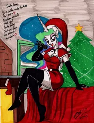 Size: 1387x1796 | Tagged: anthro, artist:newyorkx3, breasts, christmas, christmas tree, cleavage, clothes, crossed legs, derpibooru import, dialogue, evening gloves, female, fireplace, gloves, microphone, missing shoes, open mouth, plantigrade anthro, princess celestia, singing, socks, solo, solo female, song reference, suggestive, thigh highs, traditional art, tree, zettai ryouiki