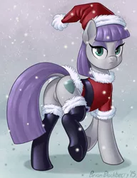 Size: 825x1075 | Tagged: artist:brianblackberry, bedroom eyes, bottomless, clothes, colored, derpibooru import, dock, featureless crotch, female, frown, hat, latex, looking at you, looking back, maud pie, partial nudity, plot, raised hoof, santa costume, santa hat, snow, snowfall, socks, solo, solo female, suggestive, thigh highs, underhoof
