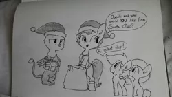 Size: 1280x720 | Tagged: safe, artist:tjpones, derpibooru import, oc, oc:brownie bun, oc:gerdie, unofficial characters only, earth pony, gryphon, pony, horse wife, bag, bipedal, boots, chest fluff, christmas, clothes, colt, costume, dialogue, ear fluff, female, filly, foal, grayscale, hat, holiday, male, mare, monochrome, present, pun, santa costume, santa hat, shoes, speech bubble, standing, traditional art, unamused