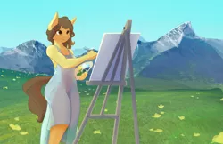 Size: 1280x828 | Tagged: suggestive, artist:seyrii, derpibooru import, oc, unofficial characters only, anthro, earth pony, artist, backlighting, brush, clothes, dress, easel, female, field, meadow, mountain, outdoors, paintbrush, painting, palette, panties, scenery, see-through, solo, summer, sundress, underwear, working