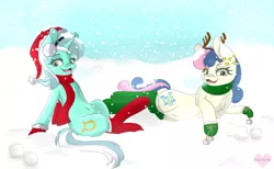 Size: 900x556 | Tagged: antlers, artist:pillonchou, bon bon, christmas, clothes, derpibooru import, earmuffs, hat, lyra heartstrings, mittens, safe, santa hat, scarf, snow, snowfall, socks, sweetie drops, winter