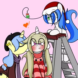 Size: 2000x2000 | Tagged: artist:fullmetalpikmin, blushing, christmas, derpibooru import, kissing, oc, oc:cherry blossom, oc:mal, oc:viewing pleasure, safe, tumblr:ask viewing pleasure, unofficial characters only