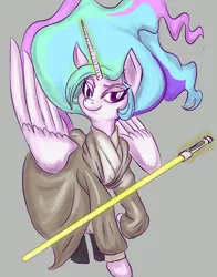 Size: 900x1150 | Tagged: artist:helloiamyourfriend, artist:yourfriendsalamisalamander, clothes, crossover, derpibooru import, jedi, lightsaber, magic, princess celestia, robe, safe, simple background, smirk, solo, spread wings, star wars, telekinesis, weapon