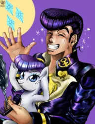 Size: 1000x1300 | Tagged: alternate hairstyle, anime, artist:daughter-of-fantasy, comb, crossover, cute, derpibooru import, diamond is unbreakable, eyes closed, grin, heart, human, jojo's bizarre adventure, josuke higashikata, mirror, pompadour, rarity, safe, smiling, sparkles, waving