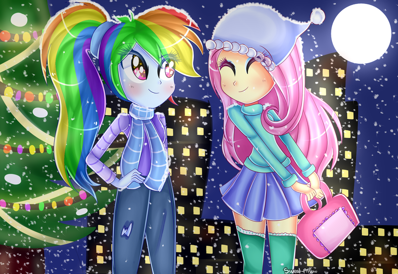 Size: 1983x1366 | Tagged: safe, artist:vixelzf, derpibooru import, fluttershy, rainbow dash, equestria girls, christmas, clothes, eyes closed, humanized, pony coloring, ponytail, scarf, skirt, smiling, socks, starry eyes, sweater, sweatershy, thigh highs, wingding eyes, zettai ryouiki