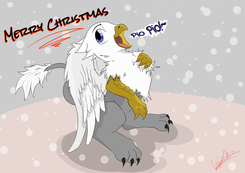 Size: 3035x2149 | Tagged: safe, artist:kassc, derpibooru import, oc, oc:der, unofficial characters only, gryphon, chirp, claws, cute, merry christmas, open mouth, snow, snowfall, solo