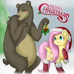 Size: 1600x1600 | Tagged: artist:mondlichtkatze, blushing, christmas, clothes, derpibooru import, fluttershy, harry, harryshy, hat, holly, holly mistaken for mistletoe, safe, santa hat, snow, snowfall, socks, stockings, striped socks