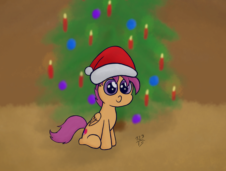 Size: 3688x2797 | Tagged: artist:123turtleshell, christmas, christmas tree, derpibooru import, hat, safe, santa hat, scootaloo, solo, tree