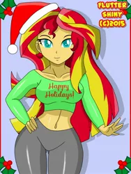 Size: 1920x2560 | Tagged: suggestive, artist:swagalicious-tony, derpibooru import, sunset shimmer, equestria girls, belly button, breasts, busty sunset shimmer, clothes, colored pupils, female, happy holidays, hat, midriff, santa hat, short shirt, solo, solo female, tight clothing, wide hips