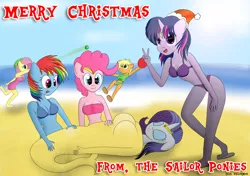 Size: 1024x721 | Tagged: anthro, applejack, artist:sailormod, australia, beach, bikini, christmas, clothes, derpibooru import, fluttershy, mane six, ocean, pinkie pie, plantigrade anthro, rainbow dash, rarity, safe, sailor generosity, sailor honesty, sailor kindness, sailor laughter, sailor loyalty, sailor magic, sailor ponies, sandals, swimsuit, twilight sparkle