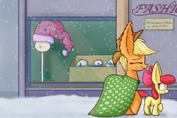 Size: 1280x853 | Tagged: safe, artist:heir-of-rick, derpibooru import, part of a set, apple bloom, applejack, daily apple pony, cloak, clothes, eyes closed, impossibly large ears, smiling, snow, snowfall, store, younger