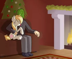 Size: 3200x2600 | Tagged: safe, artist:gsuus, derpibooru import, oc, oc:anon, oc:aryanne, unofficial characters only, human, pony, chimney, christmas, christmas tree, couch, cuddling, eyes closed, fireplace, happy, hug, human on pony snuggling, nazi, rug, smiling, snuggling, swastika, tree