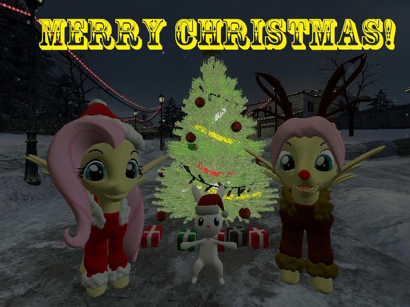 Size: 800x600 | Tagged: 3d, angel bunny, bedroom eyes, butterscotch, christmas, christmas ponies, christmas tree, deer, derpibooru import, eyebrows, female, flutterscotch, fluttershy, gmod, happy holidays, hat, holiday, male, merry christmas, reindeer, rule 63, safe, santa hat, selfcest, self ponidox, shipping, straight, tree