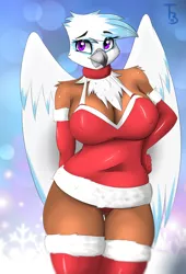 Size: 3235x4770 | Tagged: suggestive, artist:tallyburd, derpibooru import, edit, oc, oc:skye snowtail, unofficial characters only, anthro, gryphon, breasts, christmas, cleavage, clothes, costume, curvy, erect nipples, evening gloves, female, gloves, holiday, nipple outline, panties, santa costume, sexy, smiling, socks, solo, solo female, stockings, thigh highs, underwear