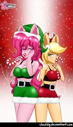 Size: 517x900 | Tagged: suggestive, artist:clouddg, derpibooru import, applejack, pinkie pie, anthro, equestria girls, breasts, busty applejack, busty pinkie pie, candy, candy cane, cleavage, clothes, female, food, hat, midriff, santa costume, santa hat, sexy santa costume, skirt, top