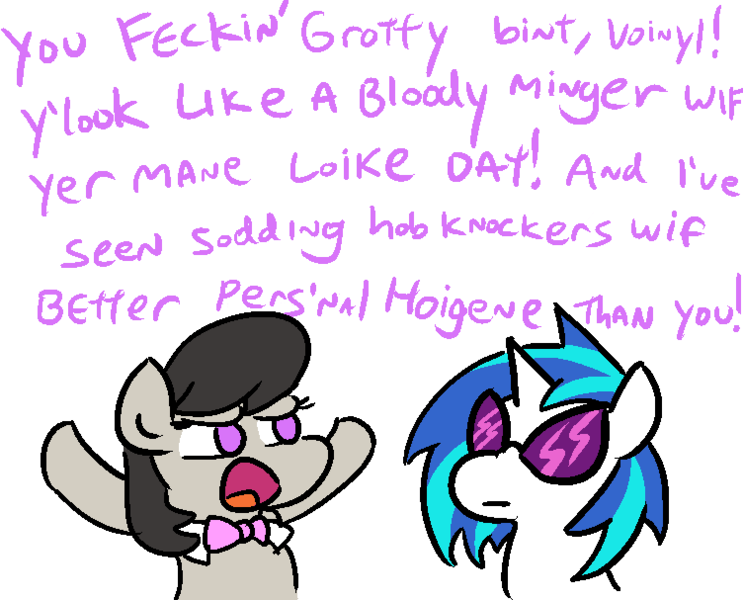 Size: 752x607 | Tagged: suggestive, artist:jargon scott, derpibooru import, octavia melody, vinyl scratch, earth pony, pony, unicorn, bow, bowtie, british, chav, cockney, description is artwork too, description is relevant, dialogue, female, illegible, octchavia, open mouth, simple background, vulgar, white background