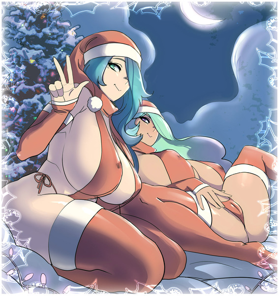 Size: 1891x2000 | Tagged: alternate color palette, artist:maniacpaint, bedroom eyes, breasts, busty princess celestia, busty princess luna, cameltoe, christmas, clothes, derpibooru import, erect nipples, evening gloves, female, females only, gloves, hair over one eye, hat, human, humanized, looking at you, nipple outline, nipples, nudity, on back, panties, peace sign, princess celestia, princess luna, questionable, royal sisters, santa costume, santa hat, sideboob, side knot underwear, smiling, snow, socks, spreading, spread legs, thigh highs, thong, underwear, winter