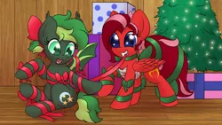 Size: 1280x720 | Tagged: safe, artist:k-kopp, derpibooru import, oc, oc:adena emberheart, oc:jaded nights, unofficial characters only, bondage, christmas, christmas lights, christmas tree, cutie mark, female, filly, gift wrapped, hearth's warming eve, present, tree