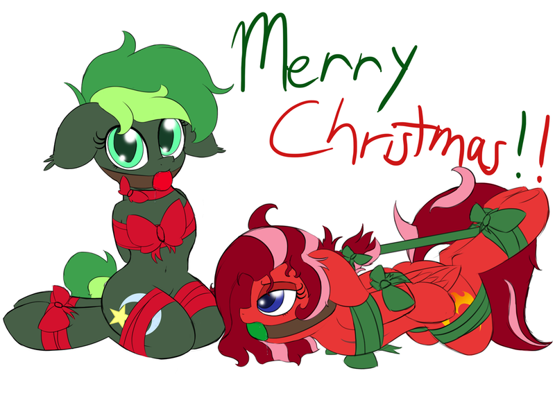 Size: 1152x827 | Tagged: suggestive, artist:k-kopp, derpibooru import, edit, oc, oc:adena emberheart, oc:jaded nights, unofficial characters only, arm behind back, ballgag, belly button, bondage, box tied, christmas, cutie mark, drool, ear fluff, gag, gift wrapped, hearth's warming eve, knee tied, looking at you, looking back, present, ribbon, strappado, underhoof