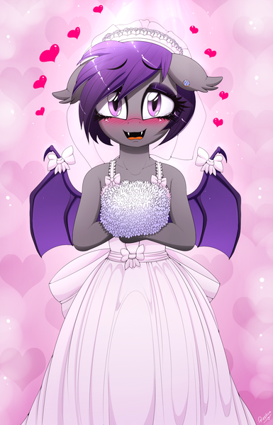 Size: 1282x2000 | Tagged: safe, artist:replica, derpibooru import, oc, oc:nolegs, unofficial characters only, anthro, bat pony, abstract background, beautiful, blushing, bouquet, bow, bride, clothes, crying, cute, daaaaaaaaaaaw, diabetes, dress, ear fluff, ear piercing, earring, explicit source, fangs, female, floppy ears, flower, heart, jewelry, looking at you, ocbetes, piercing, ribbon, signature, solo, sweet dreams fuel, tears of joy, teary eyes, this will end in marriage, tons of hearts, waifu, weapons-grade cute, wedding dress, wedding veil, wing bows