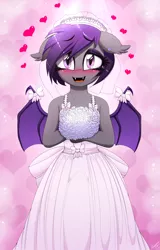 Size: 1282x2000 | Tagged: safe, artist:replica, derpibooru import, oc, oc:nolegs, unofficial characters only, anthro, bat pony, abstract background, beautiful, blushing, bouquet, bow, bride, clothes, crying, cute, daaaaaaaaaaaw, diabetes, dress, ear fluff, ear piercing, earring, explicit source, fangs, female, floppy ears, flower, heart, jewelry, looking at you, ocbetes, piercing, ribbon, signature, solo, sweet dreams fuel, tears of joy, teary eyes, this will end in marriage, tons of hearts, waifu, weapons-grade cute, wedding dress, wedding veil, wing bows