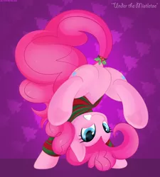 Size: 1954x2174 | Tagged: dead source, suggestive, artist:allyster-black, derpibooru import, edit, pinkie pie, earth pony, pony, blushing, christmas, clothes, cute, dock, featureless crotch, female, flexible, frontbend, handstand, hardcore gangster porn, hearth's warming eve, holly, holly mistaken for mistletoe, mistletoe abuse, sfw edit, smiling, solo, solo female, spread legs, spreading, sweater