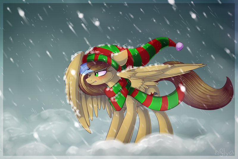 Size: 1024x683 | Tagged: safe, artist:starlyflygallery, derpibooru import, oc, oc:ketchup, unofficial characters only, pegasus, pony, clothes, hat, scarf, snow, snowfall, solo, winter