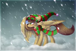 Size: 1024x683 | Tagged: safe, artist:starlyflygallery, derpibooru import, oc, oc:ketchup, unofficial characters only, pegasus, pony, clothes, hat, scarf, snow, snowfall, solo, winter