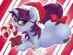 Size: 1280x960 | Tagged: suggestive, artist:kinkypinkie, derpibooru import, oc, oc:winter lily, unofficial characters only, pony, unicorn, blushing, candy, candy cane, food, gift tag, glasses, hat, licking, looking at you, plot, santa hat, solo, suggestive eating, tail bow, tongue out, ych result