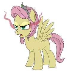 Size: 580x600 | Tagged: safe, artist:karmadash, derpibooru import, oc, oc:princess penumbra, unofficial characters only, pegasus, pony, angry, blank flank, eye contact, fangs, offspring, parent:fluttershy, parent:king sombra, parents:sombrashy, simple background, solo, sombra eyes, tiara, transparent background