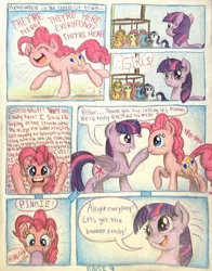 Size: 792x1009 | Tagged: safe, artist:thefriendlyelephant, derpibooru import, applejack, fluttershy, pinkie pie, rainbow dash, rarity, twilight sparkle, twilight sparkle (alicorn), alicorn, earth pony, pony, comic:friends of all sizes, :<, :o, :t, boop, comic, cute, dialogue, dust, excited, eye contact, eyes closed, female, happy, looking at each other, mane six, mare, open mouth, raised hoof, running, scrunchy face, smiling, speech bubble, talking, traditional art