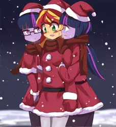 Size: 800x876 | Tagged: safe, artist:caibaoreturn, derpibooru import, sci-twi, sunset shimmer, twilight sparkle, equestria girls, friendship games, christmas, clothes, counterparts, duality, female, glasses, lesbian, magical trio, ot3, polyamory, santa costume, scitwishimmer, shipping, sunset twiangle, sunsetsparkle, twilight's counterparts, twolight
