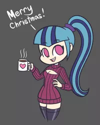 Size: 1024x1280 | Tagged: artist:khuzang, breasts, christmas, cleavage, clothes, coffee, derpibooru import, female, food, holiday, human, humanized, keyhole turtleneck, open-chest sweater, ponytail, solo, solo female, sonata dusk, suggestive, sweater, turtleneck