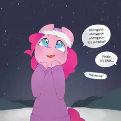 Size: 1000x1000 | Tagged: artist:oouichi, christmas, clothes, cute, derpibooru import, dialogue, diapinkes, excited, hat, hooves up, looking up, night, offscreen character, pinkie being pinkie, pinkie pie, safe, snow, snowfall, solo, speech bubble, stars, sweater